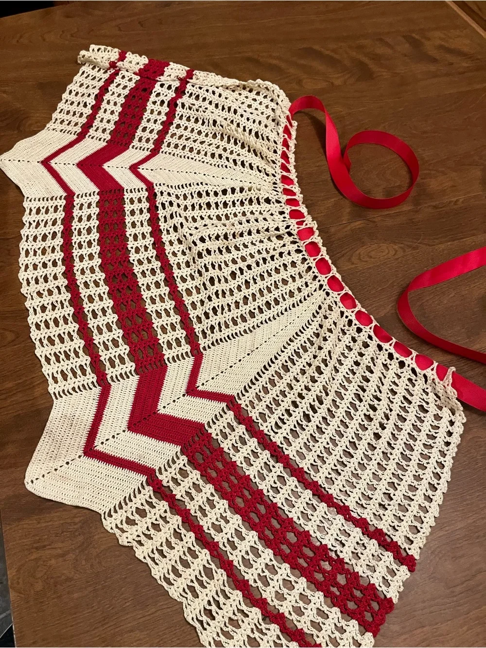 Handmade Cream and Red Crochet Apron with Red Ribbon